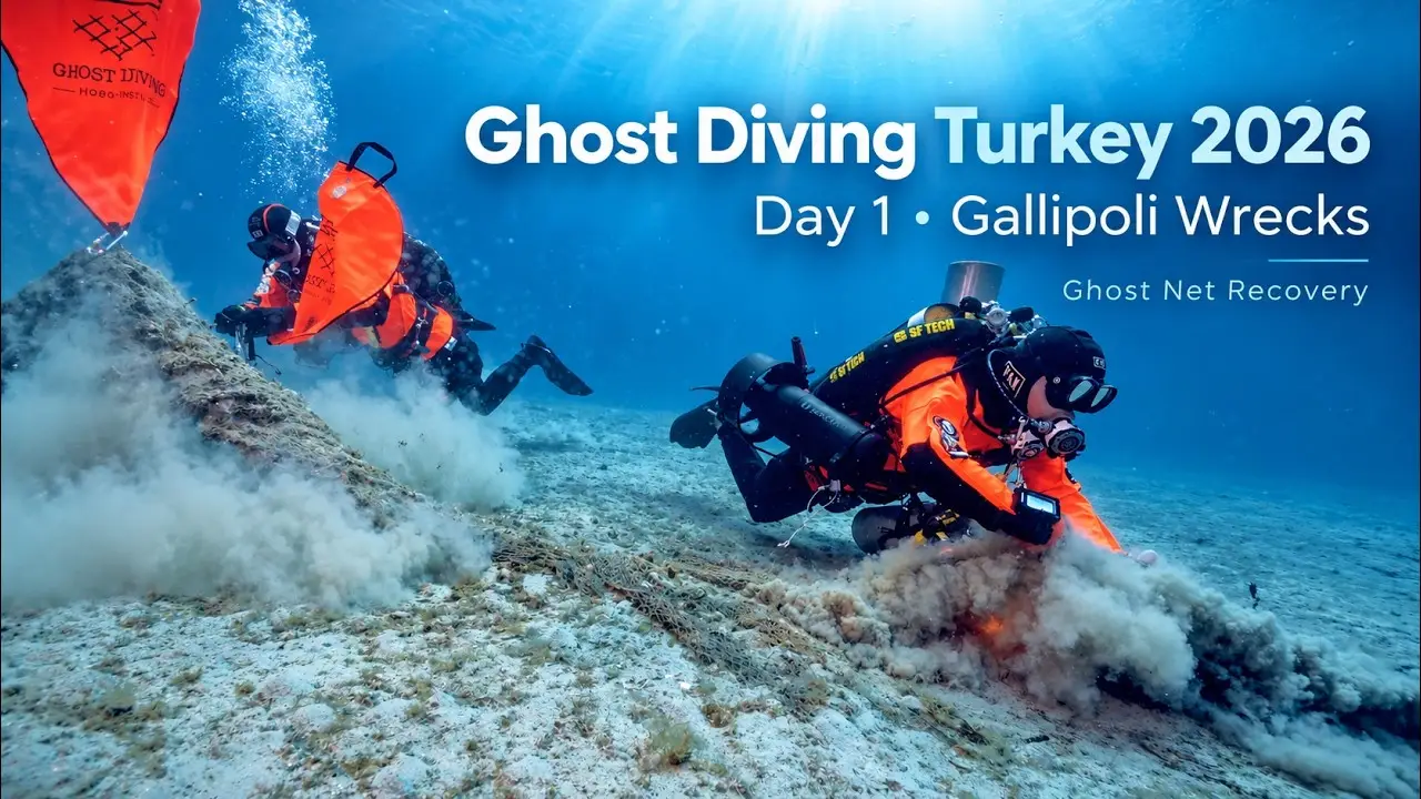 Twee duikers in oranje pakken bergen een spooknet van de zeebodem bij Gallipoli
